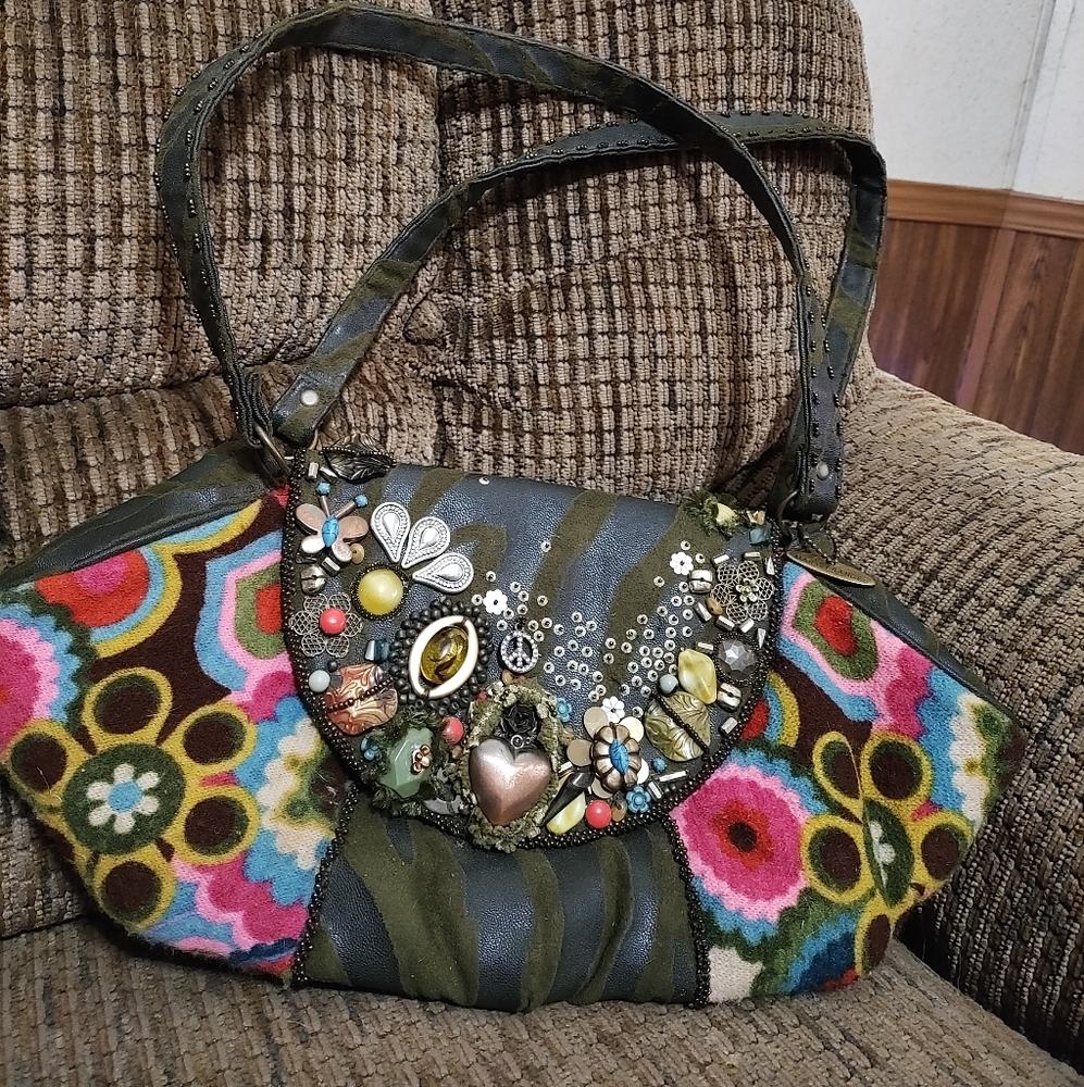 Vintage Mary Frances Beaded Bag Purse Heart Stones Peace Boho Clean Gorgeous